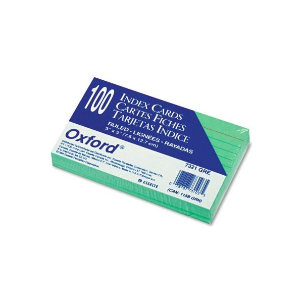 Esselte Oxford Rule Index Cards 7321GRE, 3" x 5", Green, 100/Pack 7321GRE - main